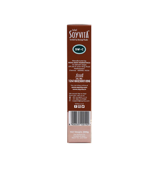 SOYVITA - SWEETENED CHOCOLATE | LACTOSE FREE | ENRICHED SOY BEVERAGE POWDER | Serves-6 (200 Gms) | LEFT SIDE VIEW