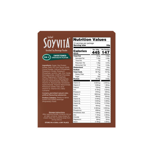 SOYVITA - SWEETENED CHOCOLATE | LACTOSE FREE | ENRICHED SOY BEVERAGE POWDER | Serves-15 (500 Gms) | BACK SIDE VIEW