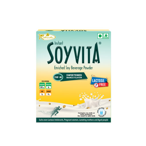 SOYVITA - SWEETENED MANGO | LACTOSE FREE | ENRICHED SOY BEVERAGE POWDER | Serves-15 (500 Gms) | FRONT SIDE VIEW