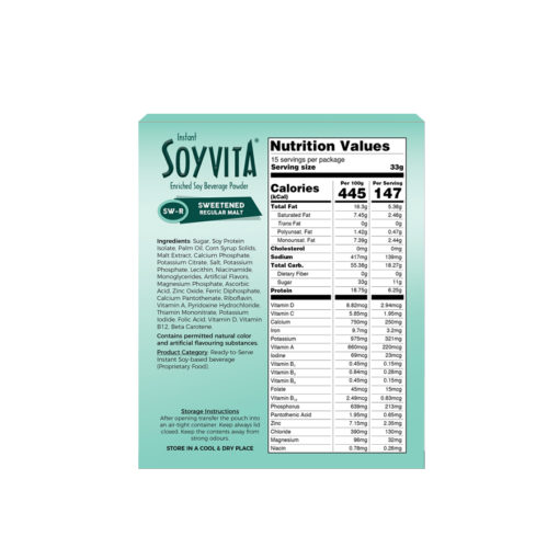 SOYVITA - SWEETENED REGULAR MALT | LACTOSE FREE | ENRICHED SOY BEVERAGE POWDER | Serves-15 (500 Gms) | BACK SIDE VIEW